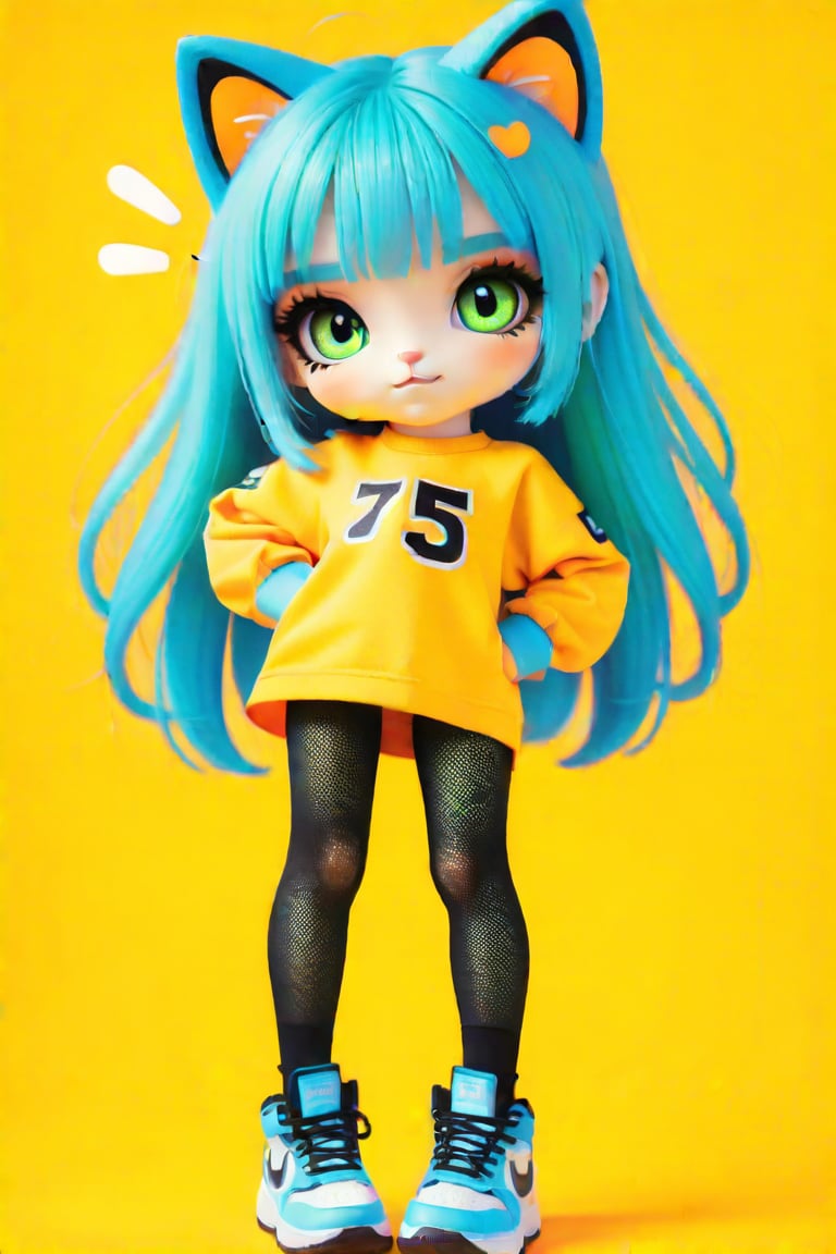 Taiwanese vtuber, Vietnamese,Thai,,1girl, beautiful cue character, beautiful green orange eyes, air bangs, lollipop punk fashion, cute cartoon ello kitty shaped shirt, cat earmuffs, pastel color clothes based on yellow and black , soft mood fashion, anime print shirt, shiny pantyhose, score_8, score_7_up, dal-7 style, blue mood, mood, modern art style, vspop, 3.5D three-dimensional style, illustration, ek_an1_b00ster