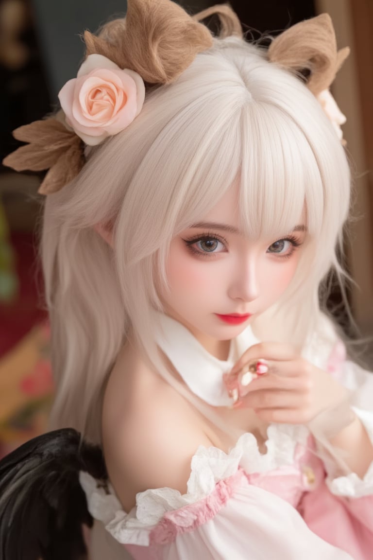 huihui,(The girl looks , the girl has  white hair, white clothes, light halo, and a white color tone. the girl has black wings, brown hair, pink clothes, light halo, and a   color tone of 1.5.) (Symmetry:1.3),cute,pink and white ,cosplay,European style gorgeous and complex mirror,(6 years old.) Q-version,doll face,3 head body,ancient spirit and quirky,red lips:1.3),exquisite makeup,(selected perspective:1.5),(scattered feathers:1.3),(scattered small light particles:1.2),overexposed,off shoulder,floral hair,dress,fluffy long sleeves,fluffy sleeves,rose petals,mandala,chaotic,radial,streamlined,typographic art,multicolored pupil space,high exposure,exquisite headwear,dressed in formal attire,looking at the audience,feathers,gorgeous,looking at the audience,flowing hair,random beams,spots,strong light,exposed Back beam,dreamy light and shadow,backlight,ultra-high saturation,masterpiece,best quality,detailed details,high contrast,ultra-high definition,8K,wallpaper,duble eyelid,makeup,big eyes,