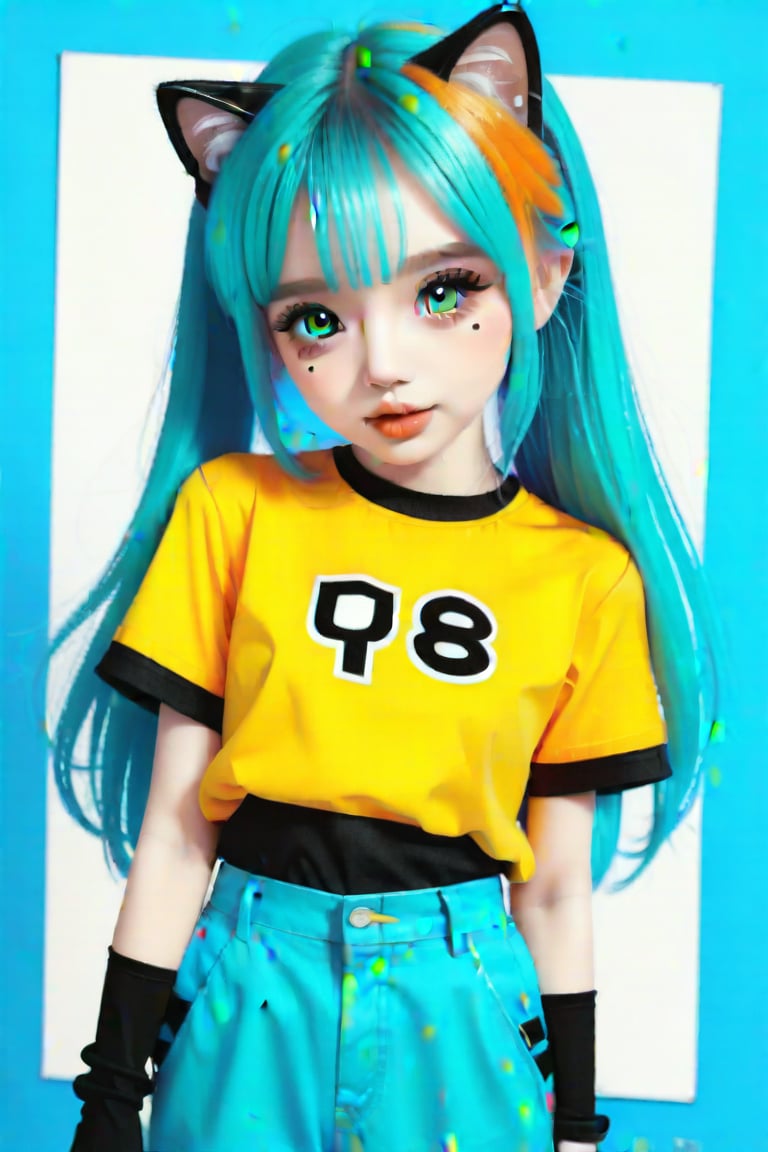 Taiwanese vtuber, Vietnamese,Thai,,1girl, beautiful cue character, beautiful green orange eyes, air bangs, lollipop punk fashion, cute cartoon ello kitty shaped shirt, cat earmuffs, pastel color clothes based on yellow and black , soft mood fashion, anime print shirt, shiny pantyhose, score_8, score_7_up, dal-7 style, blue mood, mood, modern art style, vspop, 3.5D three-dimensional style, illustration, ek_an1_b00ster