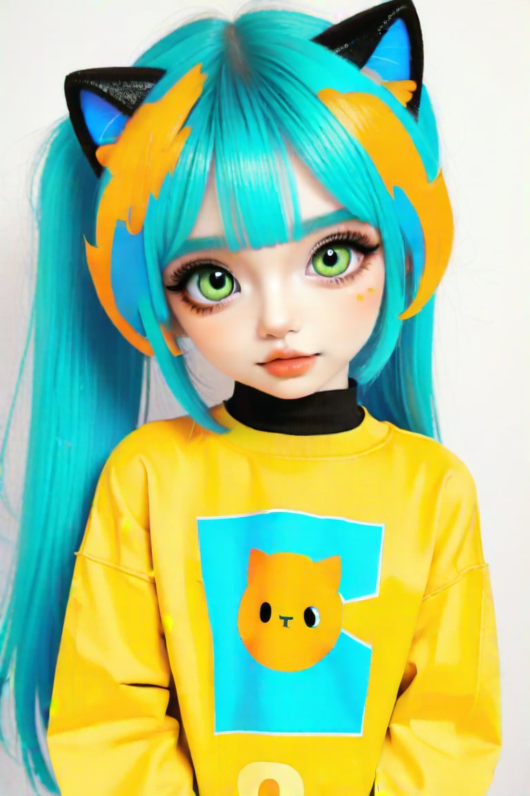 Taiwanese vtuber, Vietnamese,Thai,,1girl, beautiful cue character, beautiful green orange eyes, air bangs, lollipop punk fashion, cute cartoon ello kitty shaped shirt, cat earmuffs, pastel color clothes based on yellow and black , soft mood fashion, anime print shirt, shiny pantyhose, score_8, score_7_up, dal-7 style, blue mood, mood, modern art style, vspop, 3.5D three-dimensional style, illustration, ek_an1_b00ster