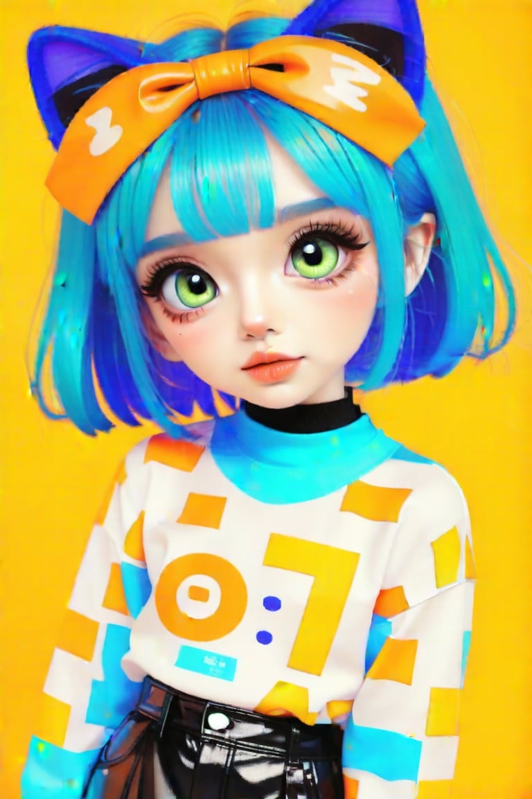 Taiwanese vtuber, Vietnamese,Thai,,1girl, beautiful cue character, beautiful green orange eyes, air bangs, lollipop punk fashion, cute cartoon ello kitty shaped shirt, cat earmuffs, pastel color clothes based on yellow and black , soft mood fashion, anime print shirt, shiny pantyhose, score_8, score_7_up, dal-7 style, blue mood, mood, modern art style, vspop, 3.5D three-dimensional style, illustration, ek_an1_b00ster