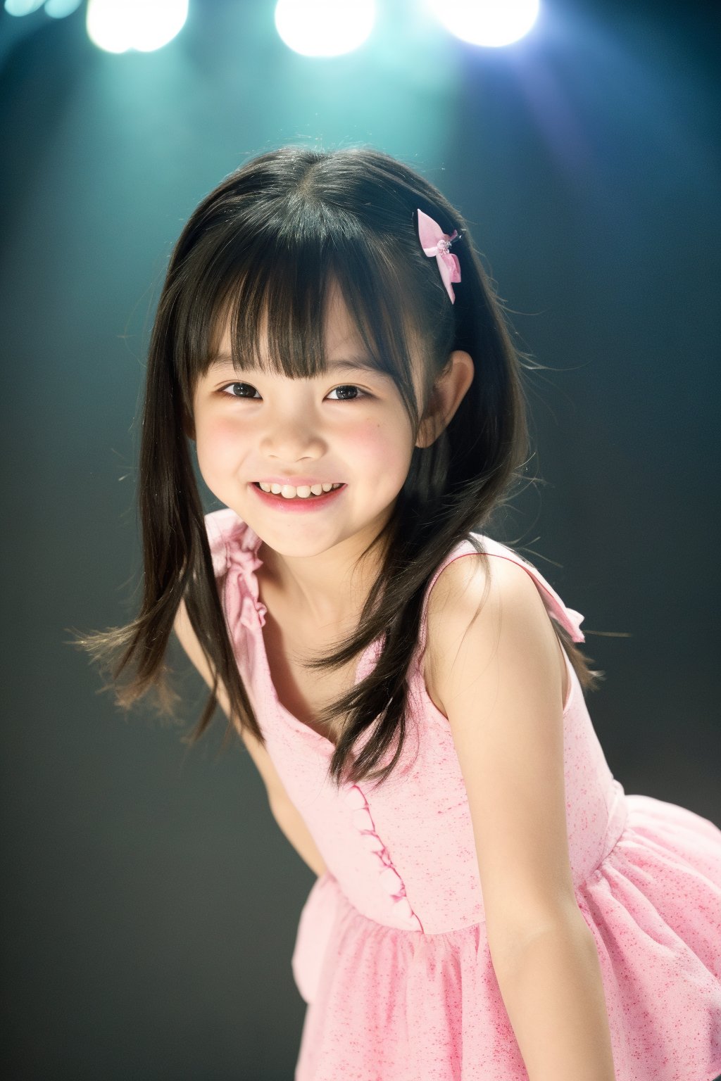  (((loli 6yo 2girls, child, Children, flat chest, Petite,
Skinny Child Body Type))), (ultra-high resolution, super detailed skin, photorealistic Realistic textured skin), (Baby Face, Full Body, Blurred background), blunt bangs, happy, Silly Laugh, Playing around, realistic, soft Contrast, indirect lighting, Dancing, live Stage background, idol lolipop dress