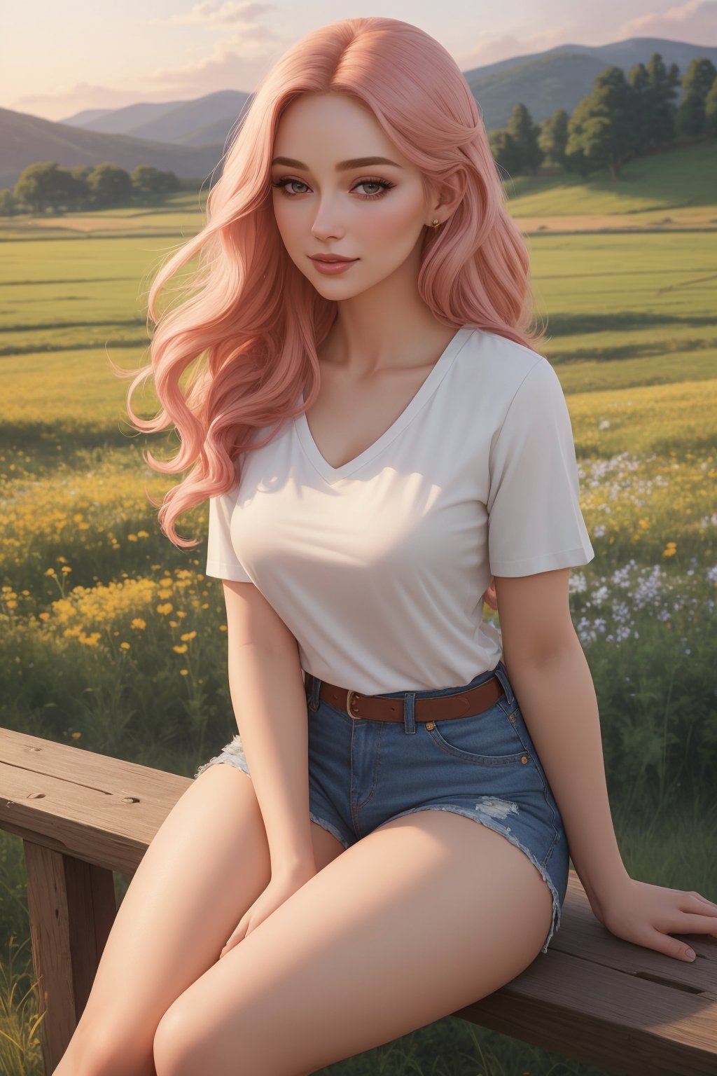 A stunning lifelike gouache painting captures a beautiful, adorable young woman with porcelain skin and anime hairstyle in a casual outfit: a Uniqlo v-neck t-shirt, a denim shorts, a pair of ankle socks, and a Nike shoes. She has a gorgeous, dreamy upturned eyes and a full, rosy lips that she curves into a cute smile as she gazes at the viewer. She is sitting comfortably amidst a wide, open meadow filled with wildflowers swaying gently in the evening breeze. The sunset light casts a warm, golden glow over the field, highlighting her hyper-realistic features as well as the vibrant colors of the flowers. The sky is a soft pastel, transitioning from pink to blue as the day ends. The painting captures her in full body, creatively blending her beauty with the breathtaking scenery in a stunning panoramic view. The colors are rich and vibrant, and the painting is highly detailed and sharp. The overall quality of the painting is exceptional, with every brushstroke brings the scene to life in captivating realism and beauty.