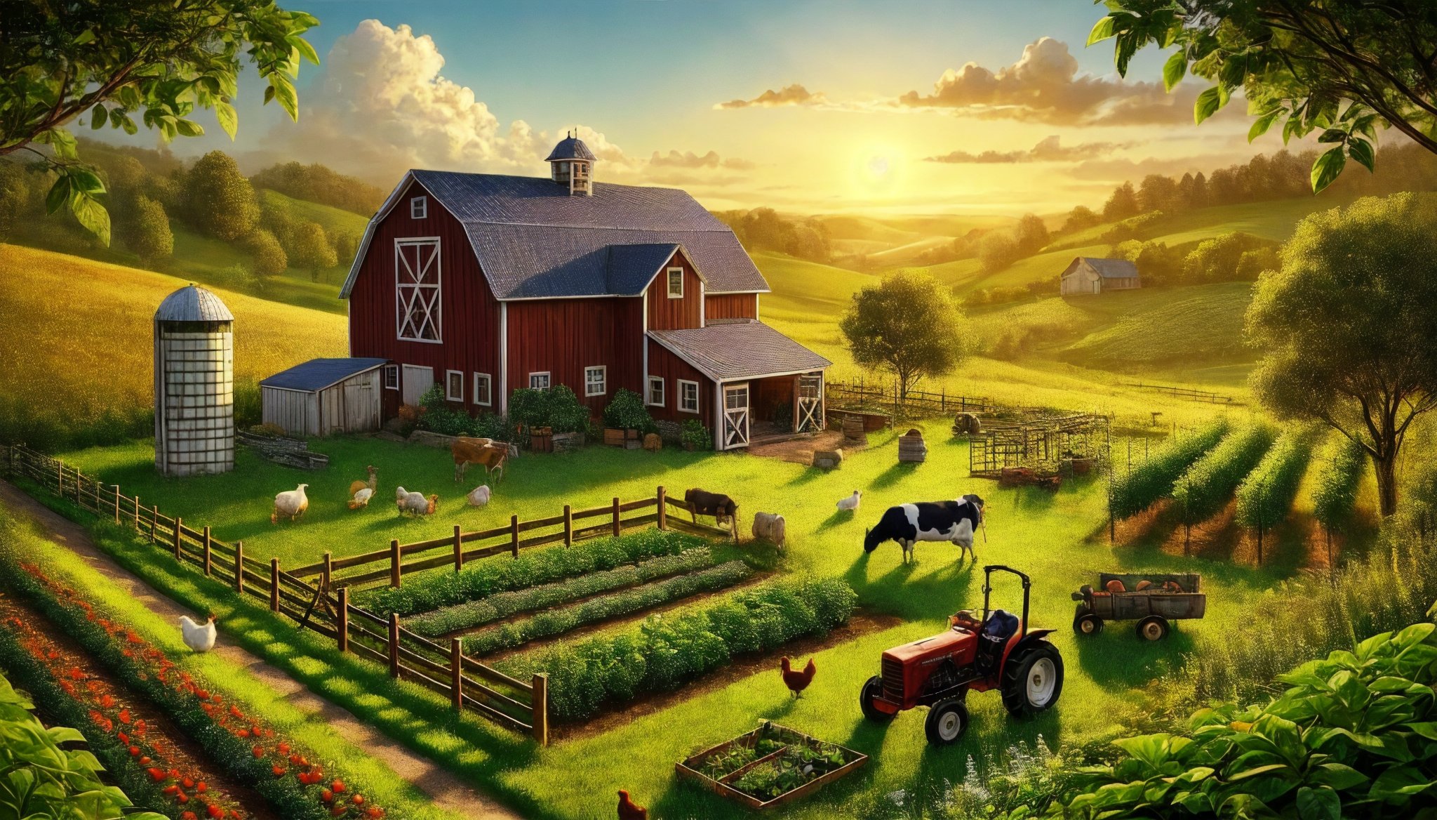 A stunning lifelike poster art style digital illustration sets upon a picturesque, vista small farm nestled in a rolling countryside, bathed in the golden light of late afternoon. The farm features a charming red barn with a white trim, surrounded by a lush green field dotted with grazing cows and a few playful chickens. There’s a neat vegetable garden with rows of tomatoes, carrots, and lettuce. A wooden fence encloses the property, and a rustic tractor sits by the barn. In the distance, a grove of trees adds a touch of natural beauty, while a clear blue sky with a few fluffy clouds completes the serene rural scene. The image is highly-detailed, sharp and the overall quality is exceptional, with every aspects meticulously crafted, bringing the scene to life in captivating realism, evoking the sense of serenity and life.