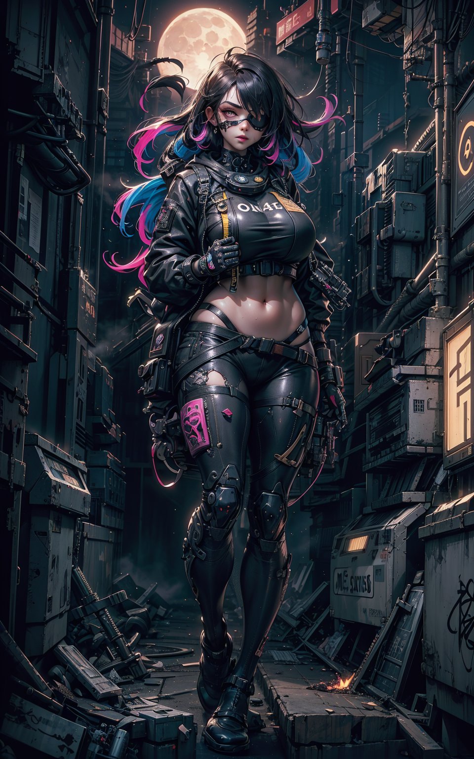 1girl, solo, cyberpunk world, center frame, (full body:1.5), (shallow depth of field), sharp focus, bokeh, red, black, cyberpunk outfit, face mask, eye-patch, dark gold eyes, long wavy hair, bangs, alleyway, buildings, dark, gritty, (foggy:1.5), midnight, (gigantic moon:1.5), moon light, clouds, lamps, RGB-colored lights, dimmed lights, backlit, (wind:1.3), greasy, burning dumpsters, graffiti, pipelines, neon signboards, reflections, glare.
<BREAK>
(masterpiece:1.4), (best quality:1.4), 8K, UHD, (HDR:1.4), (vibrant colors:1.4), (hyper surrealism:1.4), high resolution, dramatic, (bloom), cinematic lighting, backlight, ultra-detailed, raytracing, intricate details, film grain, perfect hands, perfect legs, perfect body, sci-fi, cyberpunk style.