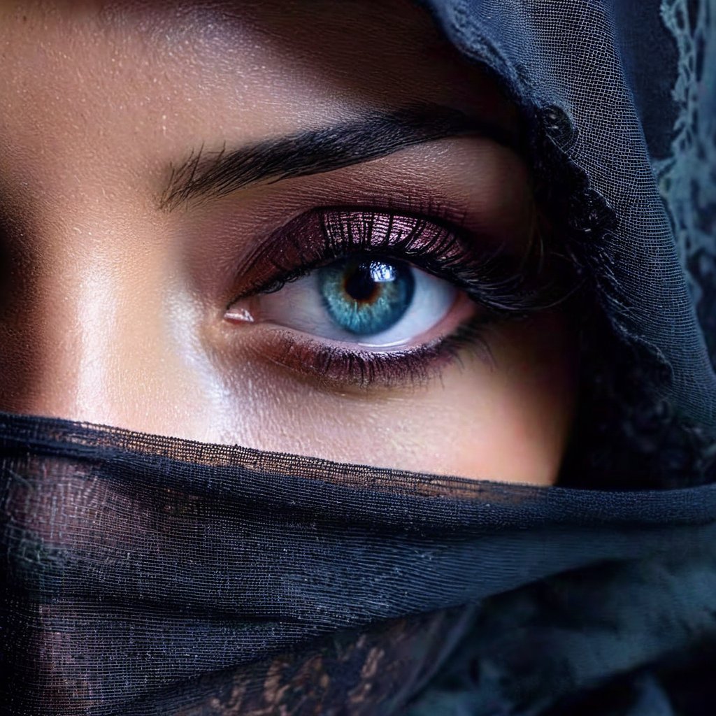 The left half of a woman's face wearing a (black chiffon face veil) is captured on a (extreme close-up:1.5) film photograph. It is pitch black and the light from the upper-left side falls on the half side of her face. The light isn't too bright, but It's just enough to barely reveal her magnificient cosmic blue eyes and the immediate areas around it in a very sharp, high detail, casting a striking effect on her retinas, making it shines and looked so gorgeous and identical to a woman's. The photograph should showcase (only the half side of her face, focusing mainly on her eye:1.3). Shot on a kodak, (half face), (front view:1.5), (facing viewer:1.5), (vignette:1.2), shallow depth of field, masterpiece, best quality, ultra hires, 4k, HDR,  sharp focus, vibrant colors, cinematic lighting, cinematic photography, hyper realistic, ultra detailed, detailed eyes, perfect eyes.,photorealistic