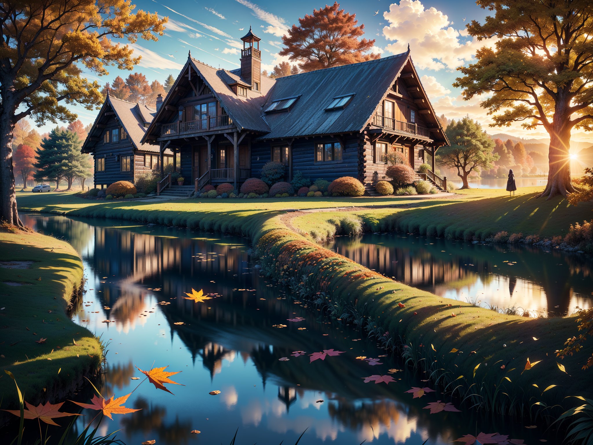 (masterpiece, legendary, highest_resolution, highly detailed), (hyper surrealism:1.4), sharpen_details, landscape_photography, (a stunning and vibrant HDR image of a big [wooden ? timber ? concerete] house (in focus) during a slightly windy day in the autumn season with a beautiful lake in the foreground:1.5), (trees, fallen leaves, leaves falling, ground, grass, flower, sky, cloud, birds, sunlight, reflection, shadows, wind, ultra sharp, house focus), (intricate tree details, extremely detailed CG, creative use of empty space:1.3), (best quality, 64K, UHD, captivating, lifelike, immersive, no humans)