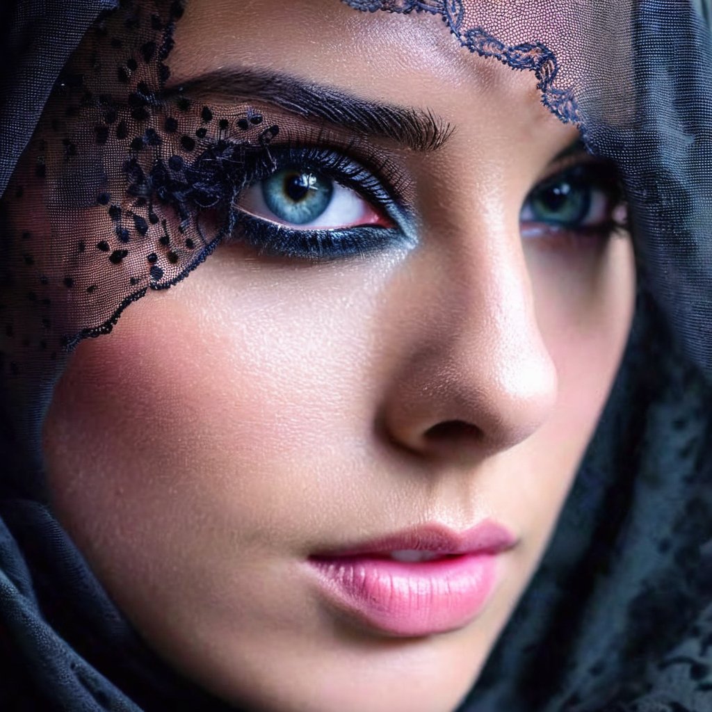 The left half of a woman's face wearing a (black chiffon face veil) is captured on a (extreme close-up:1.5) film photograph. It is pitch black and the light from the upper-left side falls on the half side of her face. The light isn't too bright, but It's just enough to barely reveal her magnificient cosmic blue eyes and the immediate areas around it in a very sharp, high detail, casting a striking effect on her retinas, making it shines and looked so gorgeous and identical to a woman's. The photograph should showcase (only the half side of her face, focusing mainly on her eye:1.3). Shot on a kodak, (half face), (front view:1.5), (facing viewer:1.5), (vignette:1.2), shallow depth of field, masterpiece, best quality, ultra hires, 4k, HDR,  sharp focus, vibrant colors, cinematic lighting, cinematic photography, hyper realistic, ultra detailed, detailed eyes, perfect eyes.,photorealistic