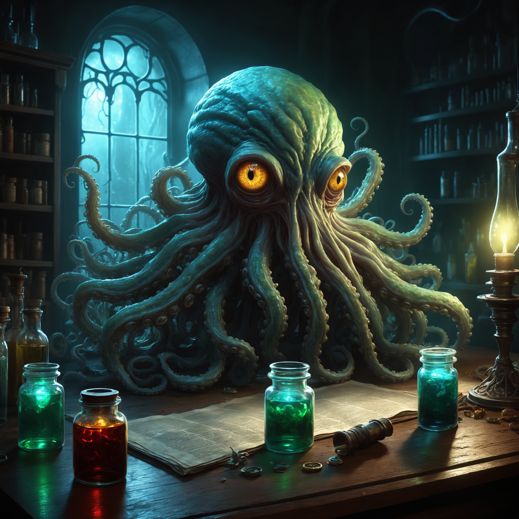 In a dimly lit laboratory, a twisted abomination of tentacles and eyes looms over delicate glass vials filled with glowing serums. The main subject is a grotesque monster created through genetic manipulation. This concept art is a highly detailed digital painting, showcasing intricate textures and otherworldly colors. Each slimy appendage is intricately detailed, with iridescent patches shimmering in the eerie light. The image is incredibly vivid, transporting viewers into the unsettling world of Lovecraftian horrors.