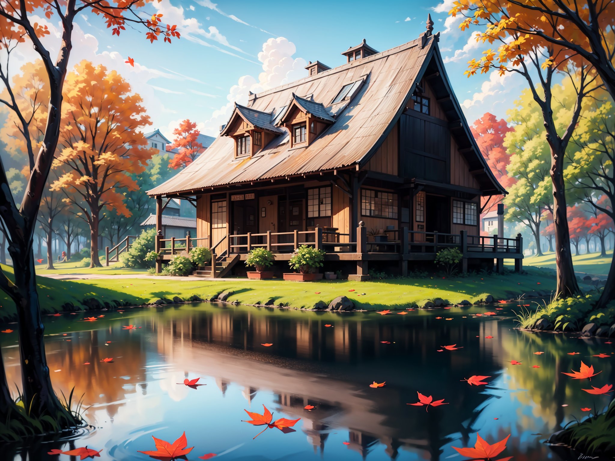 (digital oil painting:1.5), masterpiece, (HDR, crisp:1.5), ((wooden house)), flower, outdoors, sky, water, (autumn trees), window, (windy), grass, plant, building, (falling leaves), nature, (scenery), forest, (reflection), lantern, mountain, bush, (fallen leaves), architecture, east asian architecture, (pond), (autumn leaves), ((autumn)) 1girl, center, scaled -0.5x, chiaroscuro, serene, vibrant, super sharp, intricate, smooth, best quality, ultra hires, UHD, 64K, by Disney.