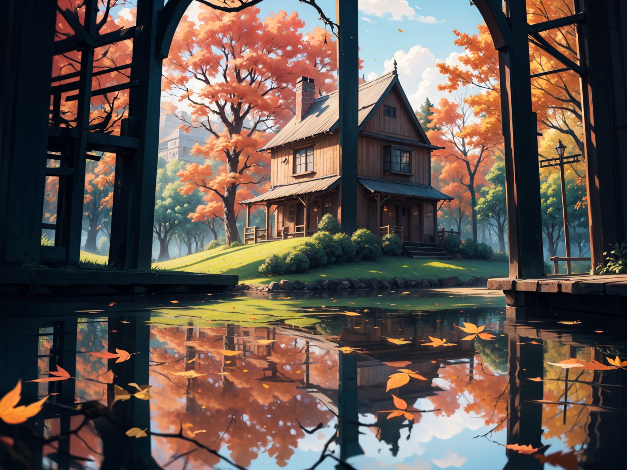 (digital oil painting:1.5), masterpiece, (HDR, crisp:1.5), ((wooden house)), flower, outdoors, sky, water, (autumn trees), window, (windy), grass, plant, building, (falling leaves), nature, (scenery), forest, (reflection), lantern, mountain, bush, (fallen leaves), architecture, east asian architecture, (pond), (autumn leaves), ((autumn)) 1girl, center, scaled -0.5x, chiaroscuro, serene, vibrant, super sharp, intricate, smooth, best quality, ultra hires, UHD, 64K, by Pixar.