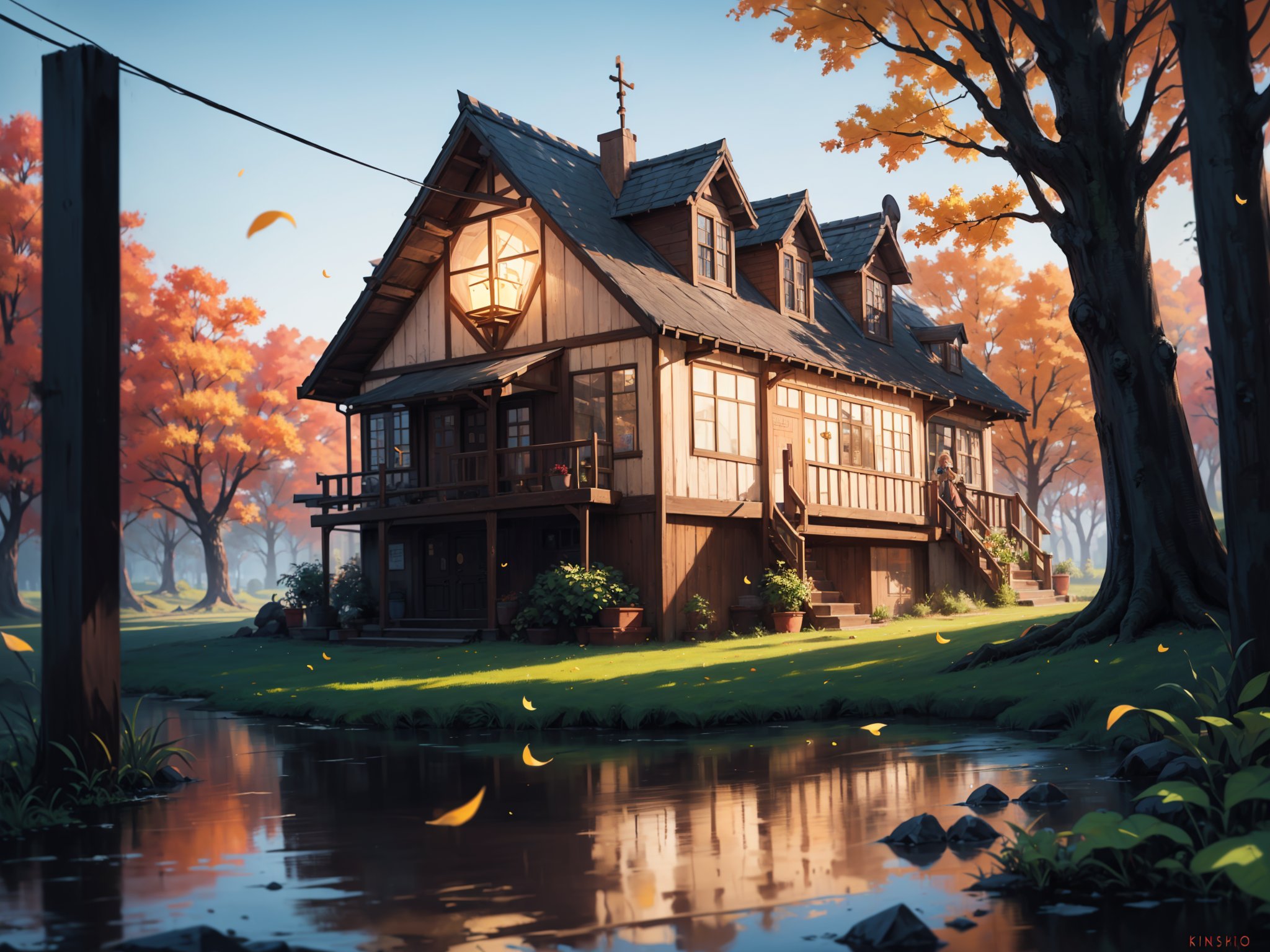 (digital oil painting:1.5), masterpiece, (HDR, crisp:1.5), ((wooden house)), flower, outdoors, sky, water, (autumn trees), window, (windy), grass, plant, building, (falling leaves), nature, (scenery), forest, (reflection), lantern, mountain, bush, (fallen leaves), architecture, east asian architecture, (pond), (autumn leaves), ((autumn)) 1girl, center, scaled -0.5x, chiaroscuro, serene, vibrant, super sharp, intricate, smooth, best quality, ultra hires, UHD, 64K, by Pixar.