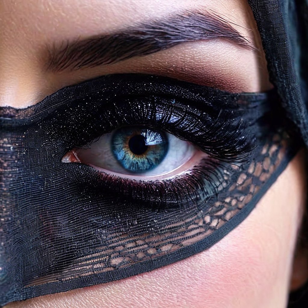 The left half of a woman's face wearing a (black chiffon face veil) is captured on a (extreme close-up:1.5) film photograph. It is pitch black and the light from the upper-left side falls on the half side of her face. The light isn't too bright, but It's just enough to barely reveal her magnificient cosmic blue eyes and the immediate areas around it in a very sharp, high detail, casting a striking effect on her retinas, making it shines and looked so gorgeous and identical to a woman's. The photograph should showcase (only the half side of her face, focusing mainly on her eye:1.3). Shot on a kodak, (half face), (front view:1.5), (facing viewer:1.5), (vignette:1.2), shallow depth of field, masterpiece, best quality, ultra hires, 4k, HDR,  sharp focus, vibrant colors, cinematic lighting, cinematic photography, hyper realistic, ultra detailed, detailed eyes, perfect eyes.,photorealistic