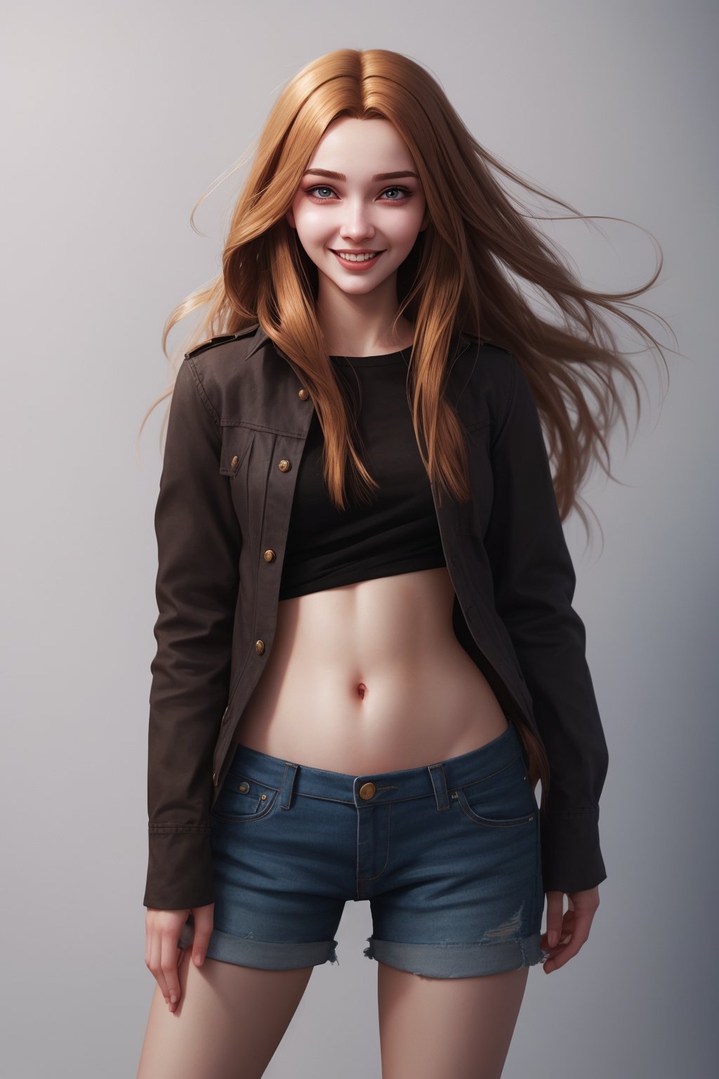 A stunning 3/4-body RAW photograph in the hyper-realistic style of Ilya Kuvshinov of a beautiful young woman with long, flowing hair, standing with a (giggly:0.75) expression.