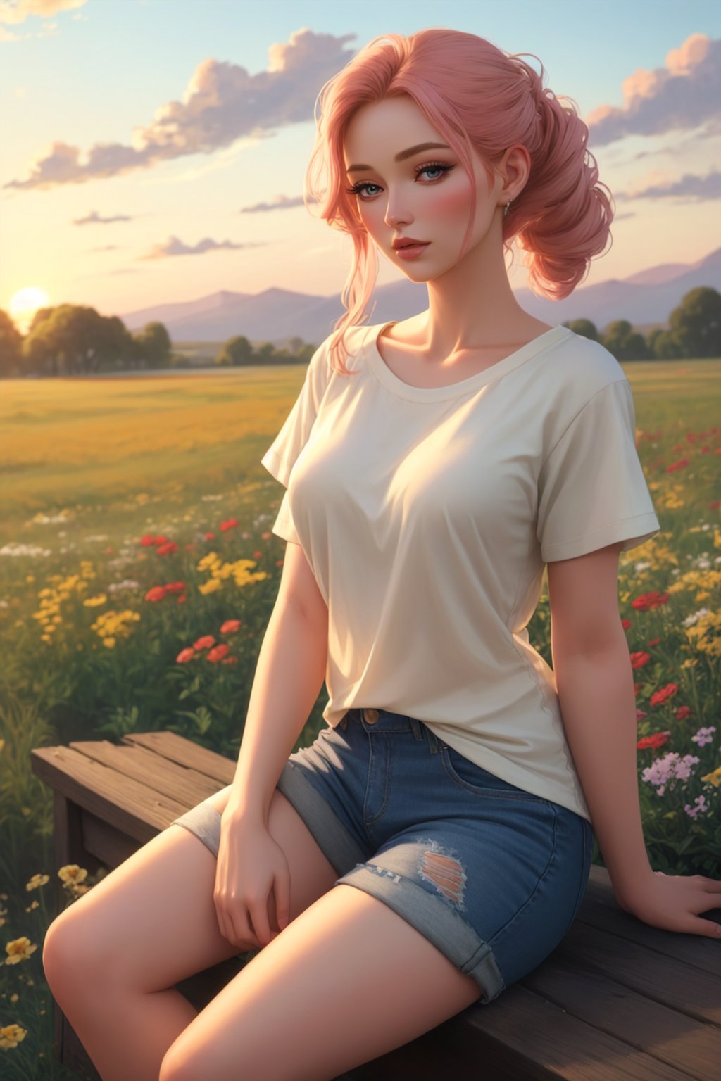 A stunning lifelike gouache painting of a beautiful young woman with porcelain skin and anime hairstyle in a casual outfit: a Uniqlo t-shirt, a short denim, a pair of ankle socks, and a Nike shoes. She has a gorgeous, dreamy upturned eyes and a full, rosy lips. She is sitting comfortably amidst a wide, open meadow filled with wildflowers swaying gently in the evening breeze. The sunset light casts a warm, golden glow over the field, highlighting her hyper-realistic features as well as the vibrant colors of the flowers. The sky is a soft pastel, transitioning from pink to blue as the day ends. The painting captures her in full body, blending her beauty with the breathtaking scene in a wide view. The colors are rich and vibrant, and the painting is highly detailed and sharp. The overall quality of the painting is exceptional, with every brushstroke brings the scene to life in captivating realism and beauty.