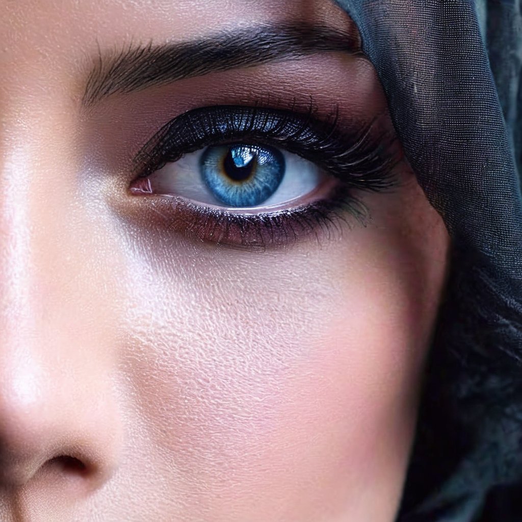 The left half of a woman's face wearing a (black chiffon face veil) is captured on a (extreme close-up:1.5) film photograph. It is pitch black and the light from the upper-left side falls on the half side of her face. The light isn't too bright, but It's just enough to barely reveal her magnificient cosmic blue eyes and the immediate areas around it in a very sharp, high detail, casting a striking effect on her retinas, making it shines and looked so gorgeous and identical to a woman's. The photograph should showcase (only the half side of her face, focusing mainly on her eye:1.3). Shot on a kodak, (half face), (front view:1.5), (facing viewer:1.5), (vignette:1.2), shallow depth of field, masterpiece, best quality, ultra hires, 4k, HDR,  sharp focus, vibrant colors, cinematic lighting, cinematic photography, hyper realistic, ultra detailed, detailed eyes, perfect eyes.,photorealistic