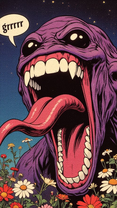 1monster, huge mouth full of sharp teeth, a long tongue, half human, huge black eyes, 1970s theme and color pallete, summer, night, retro futuristic, field of flowers background. A thought bubble says: "grrr"