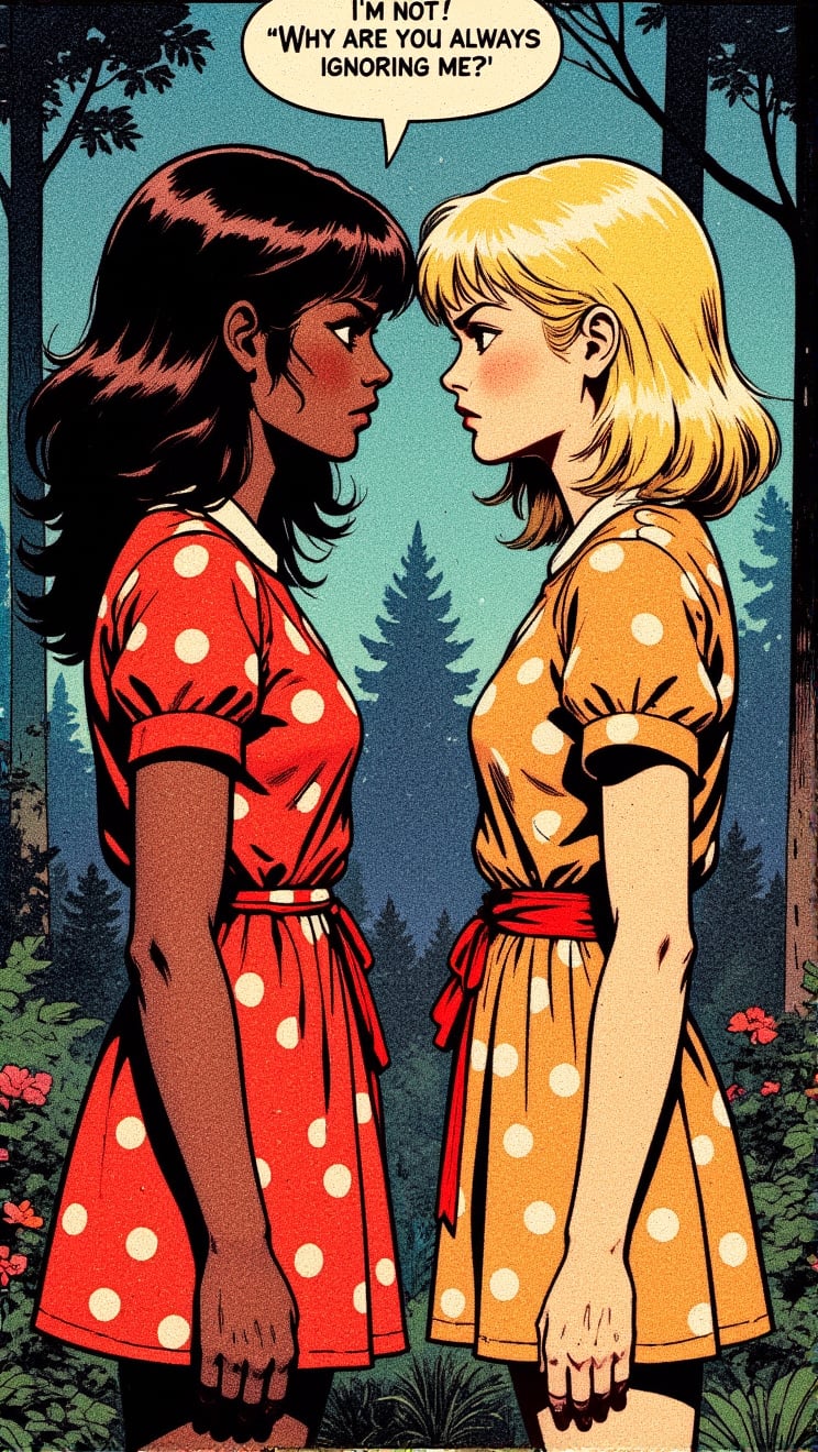 2girls, 1970s theme and color pallete, summer, night, retro futuristic,,forest background,speech bubble saying: " Why are you always ignoring me??" Both girls are mad and wearing polka dot dresses. One girl has dark skin and the other has blonde hair. They are facing and looking at each other in the eye, staring angrily. The dark skinned girl has a speech bubble saying: "I'm not! I always try to be with you!"