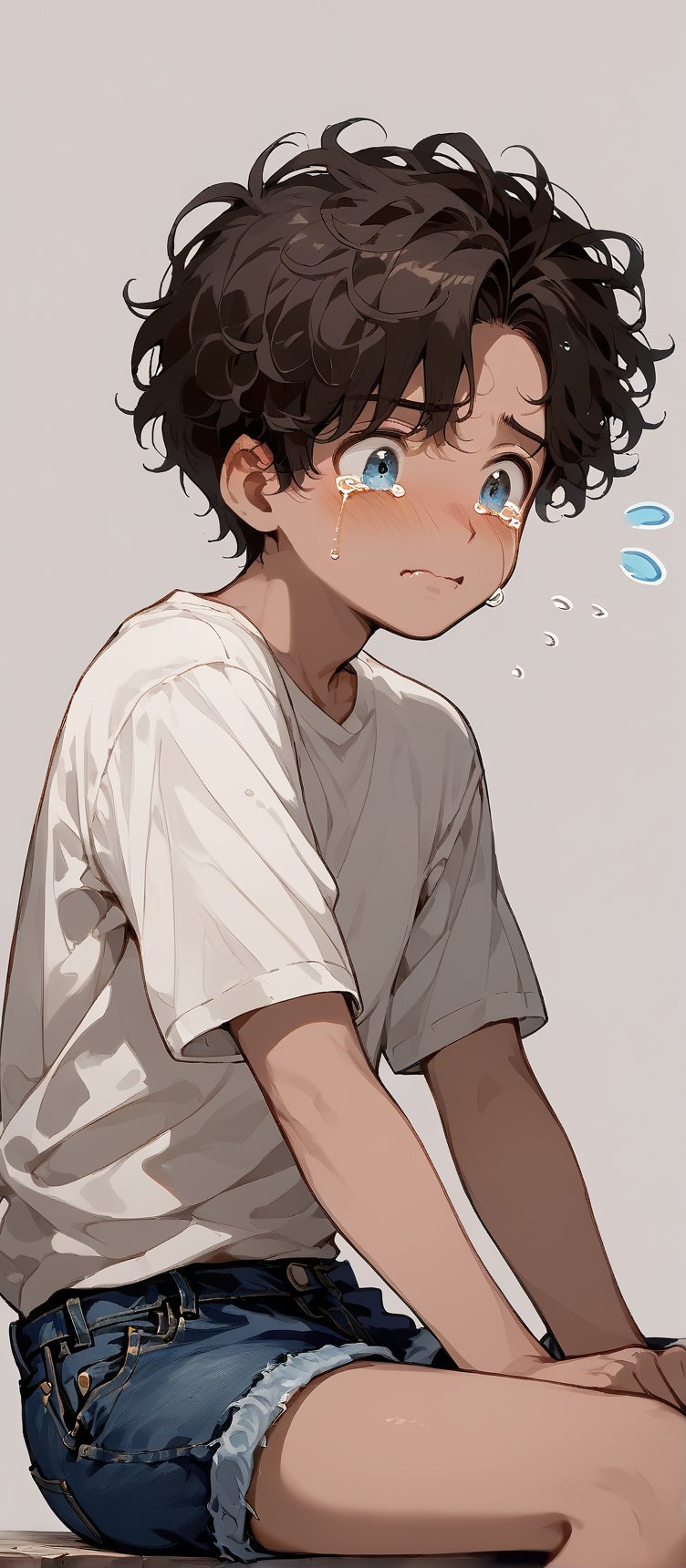 1boy, high_resolution, short_curly_brown_hair, beige_skin, pale_blue_background, natural, crying, tears, sobbing, tearful, flying_sweatdrops, sitting, blue_denim_shorts, gray_shirt

