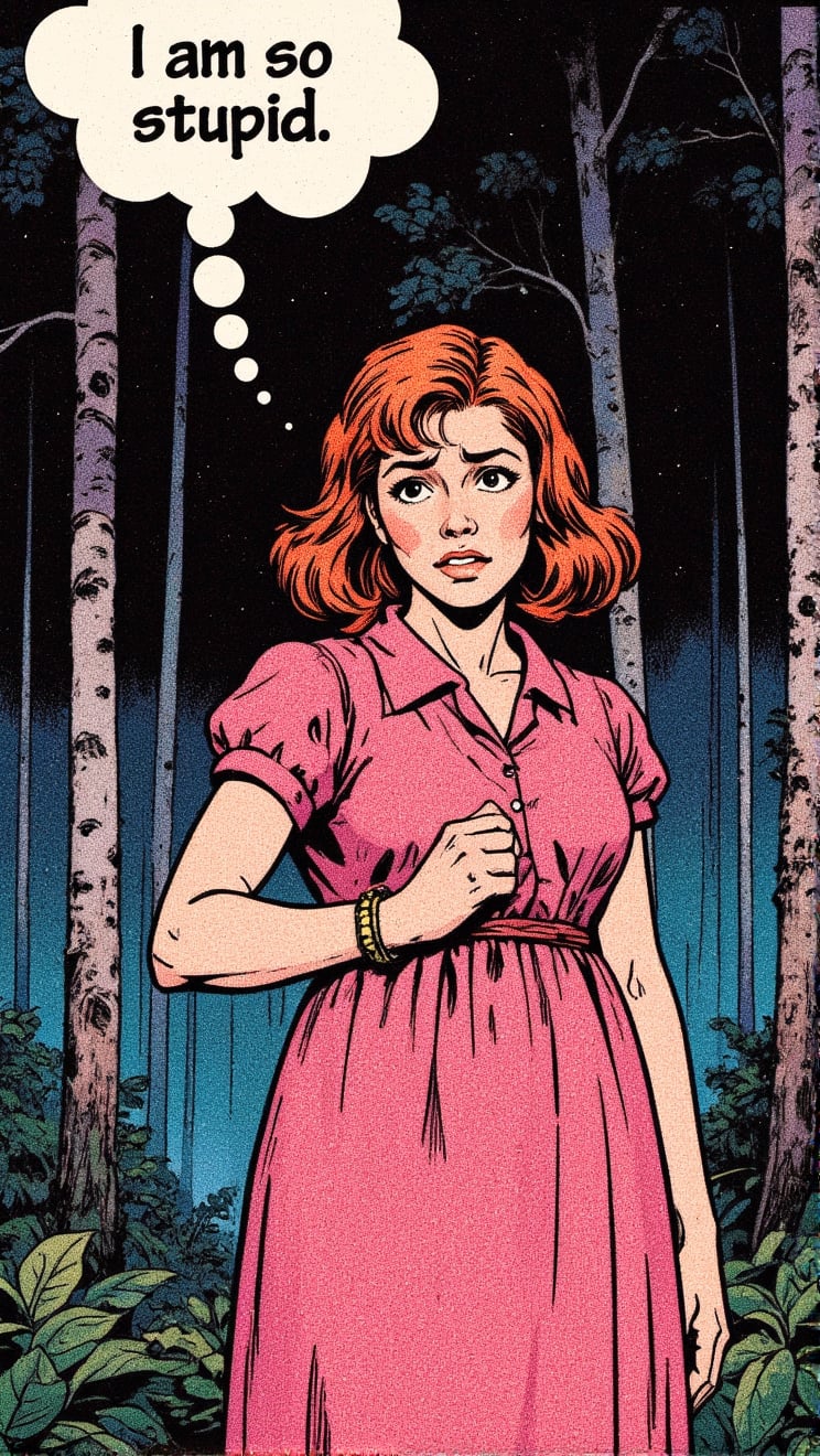 1girl, 1970s theme and color pallete, summer, night, retro futuristic,,forest background,crying style, pink dress, thought bubble saying: " I am so stupid"