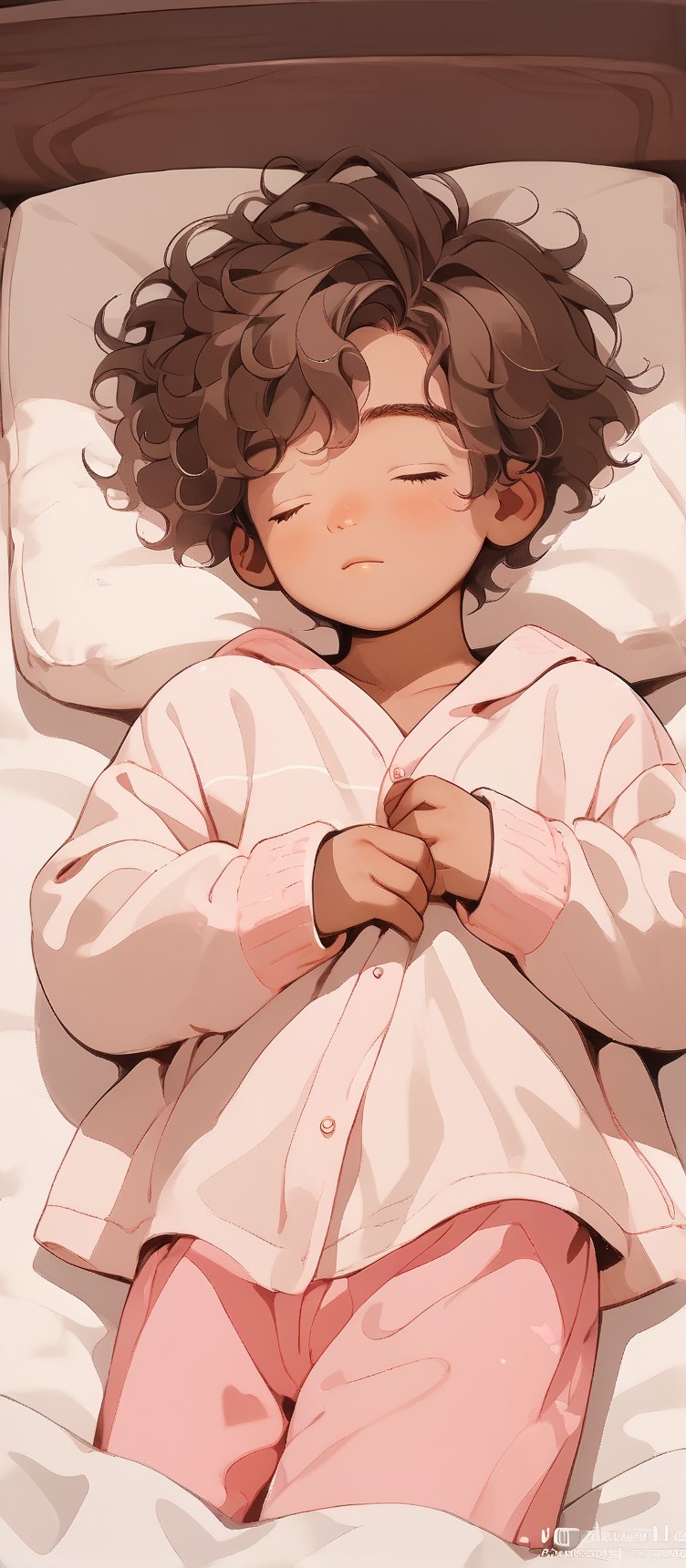 Score_9, Score_8_up, Score_7_up, Score_6_up, Score_5_up, 

1boy, high_resolution, bed, bed_sheets, laying_down, short_curly_brown_hair, beige_skin, asleep, sleeping, pinkpajamas