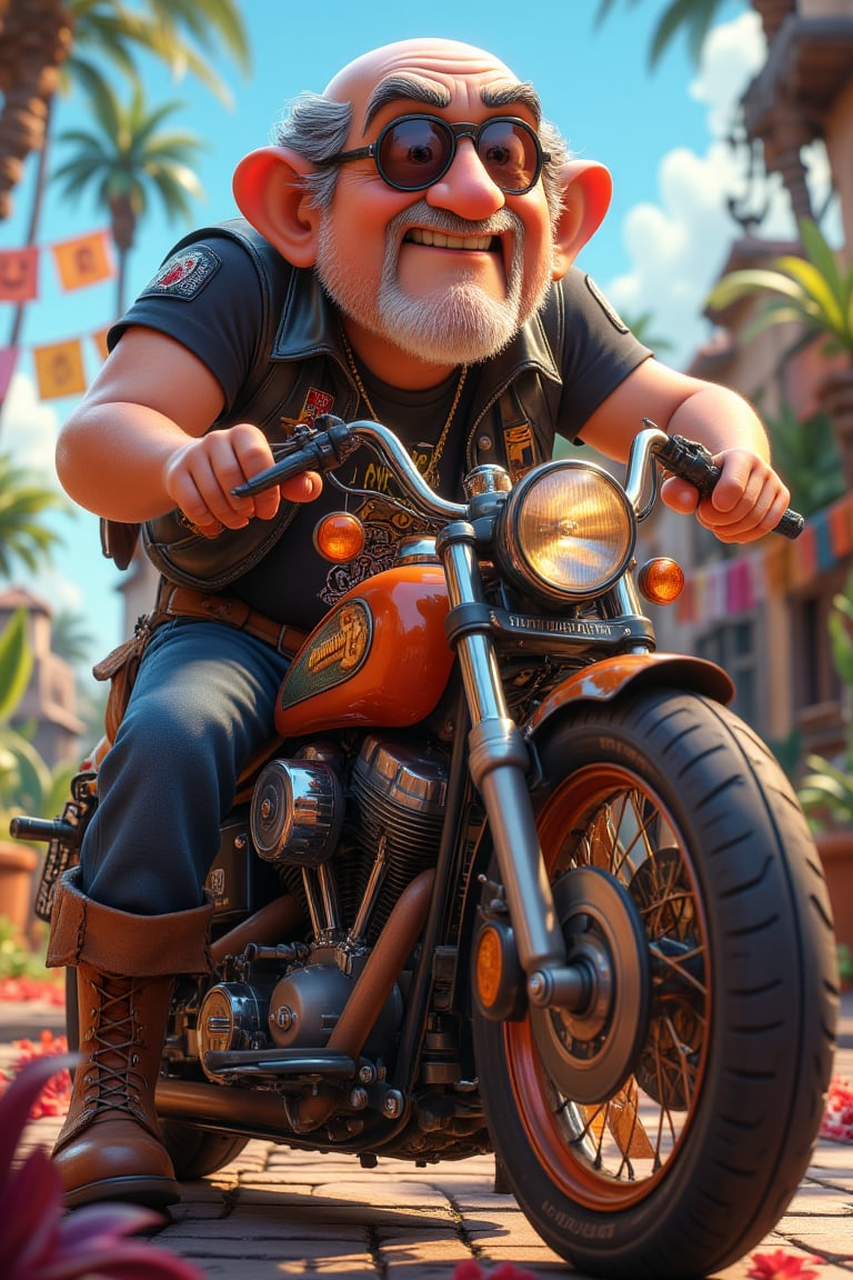 cartoon-style illustration, depict a chubby elderly bald  hippy man, with a goatee beard,  sitting proudly on his old Harley motorcycle.  He wears round, tinted sunglasses that reflect the bright sun, giving him that cool biker vibe. He’s dressed in a black tshirt and black sleeveless leather jacket , faded jeans, and worn leather boots that have clearly seen many miles. His Harley motorcycle, a vintage model, is detailed with classic features, including chrome accents, a slightly rusted frame, and a well-worn leather seat. The bike is adorned with stickers and patches from various music festivals and peace rallies, adding character to the scene.

The background could show a peaceful, open road with a hint of the countryside. The overall mood is one of nostalgia, freedom, and a deep connection to the hippy spirit of the '60s and '70s