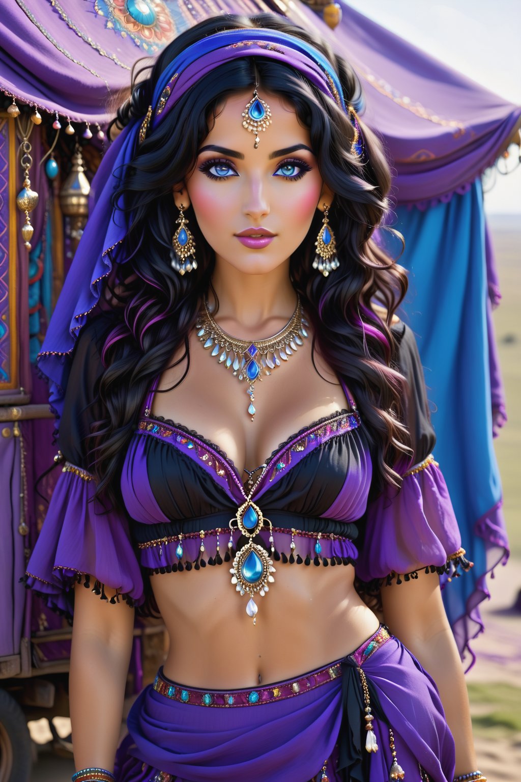 ((full body shot))please create me a traditoal gypsy women, dressed in gyspy clothes and adorned with jewellery, her black wavy hair is under purple headscarf, she has eyes of vivid blue, she is beauty of another kind, she is standing beside a gypsy caravan