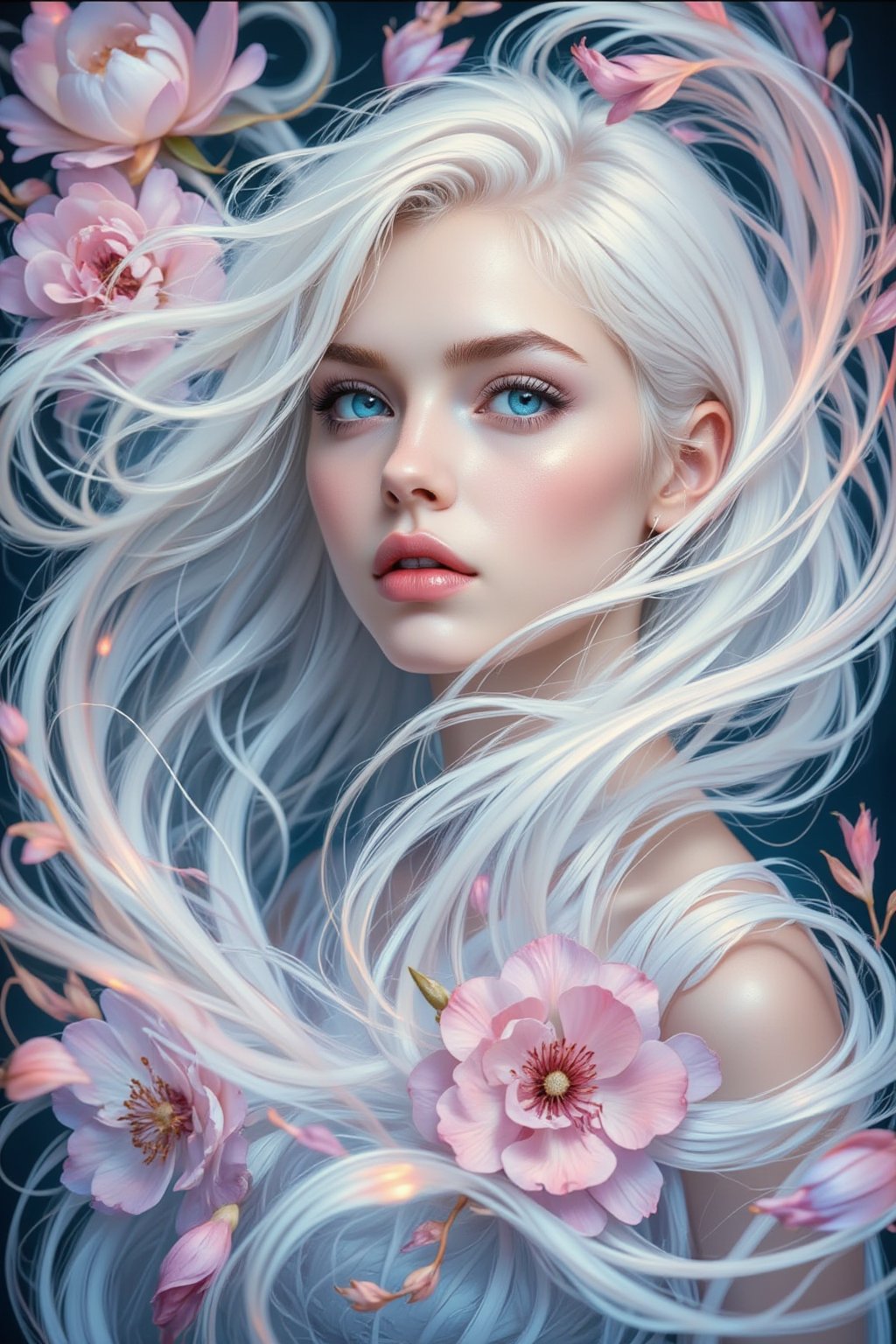 A (((full body shot))) of a (((stunning  albino woman))) whose white hair ((flows gracefully)), blending with the (((softly swirling petals))) of a (pastel coloured  flower) that gently twirls around her form,  her eyes drawn with ultra-detailed long lashes, that captures the essence of natural beauty and elegance, close up 1.3. 