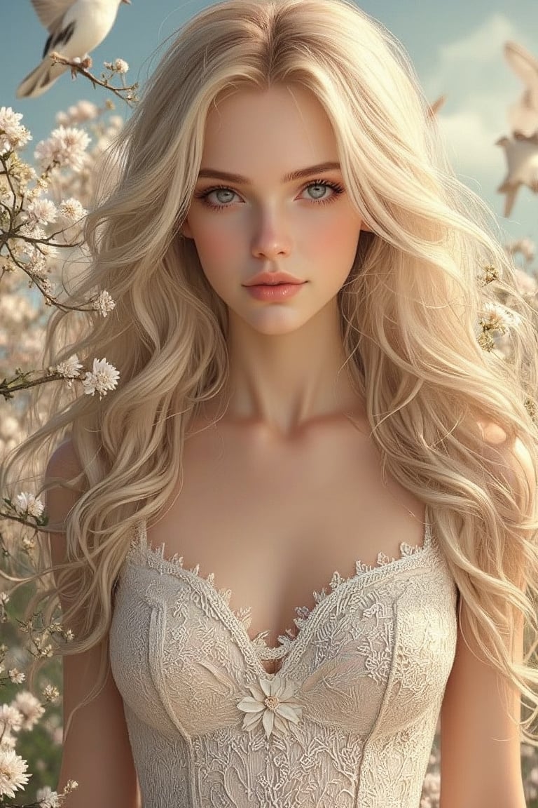 a beautiful young woman, long blonde hair, pale soft skin,lace dress, soft colors, background with birds and flowers, intricate details,