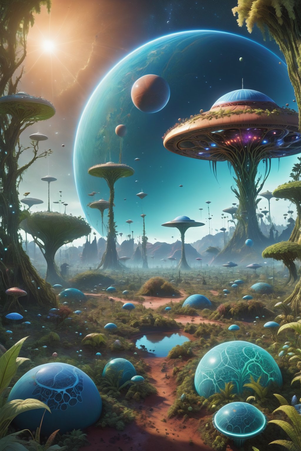 an alien planet, covered in alien plants and trees, alien little bugs,also alien beings