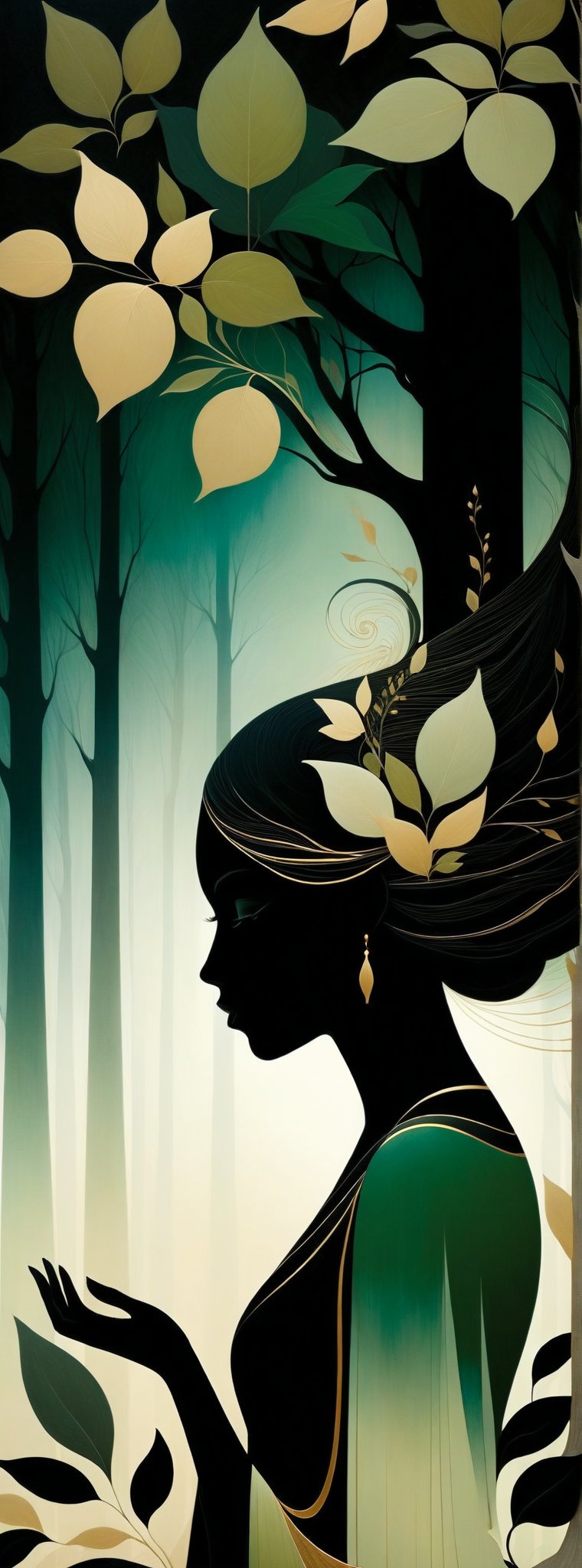 mysterious silhouette of  a forest queen woman, beautiful. high defintion, highly detailed, serene, hayv kahraman inspired art