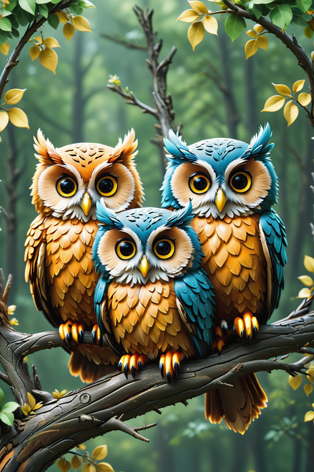 create 3owl sitting on a branch of a tree