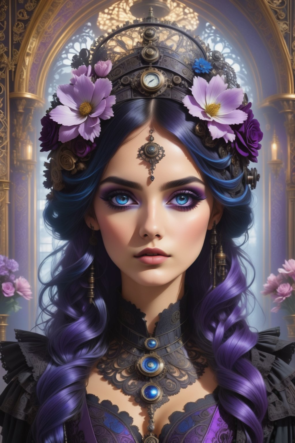 combine steampunk, gothic & boho to create the most beautiful lady,(( the background is an ornate room filled with ornate decorations and flowers)), her hair is streaks of purple, lilac and blck, her dress is blue, Goth,dark boho,HZ Steampunk,(((Accurate eyes))),Photorealism:1.4,drkbh