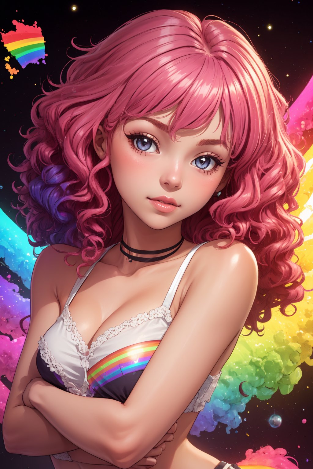 combine the below to make  cute female with curly rainbow hair