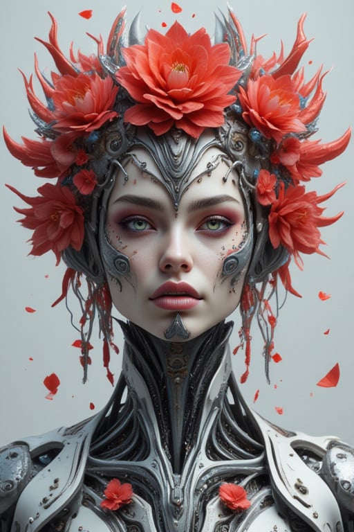 combine the below to create an image beauitful cyborg/human mix with flower essence, looking at camera, stinadin in full frontal shot