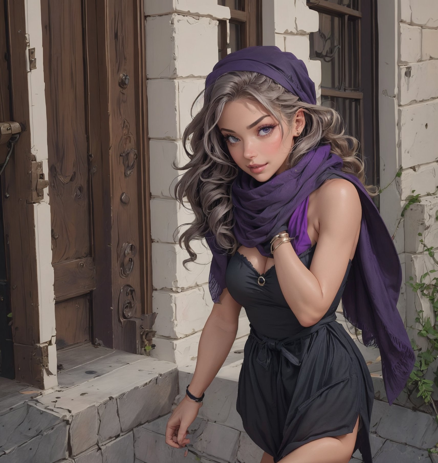 Create a high-definition image of a lady of beauty and grace walking into a restaurant for a dinner date. She wears a long, slim black strapless dress and purple high heels. Her wavy, medium-length greyish hair sits perfectly on her head, and she has a silk purple scarf around her shoulders. Her makeup is done perfectly, and she wears lovely jewels. Her lips are slightly apart, and she has a sly smile. The image should be visibly clear with no deformities or blurry art.