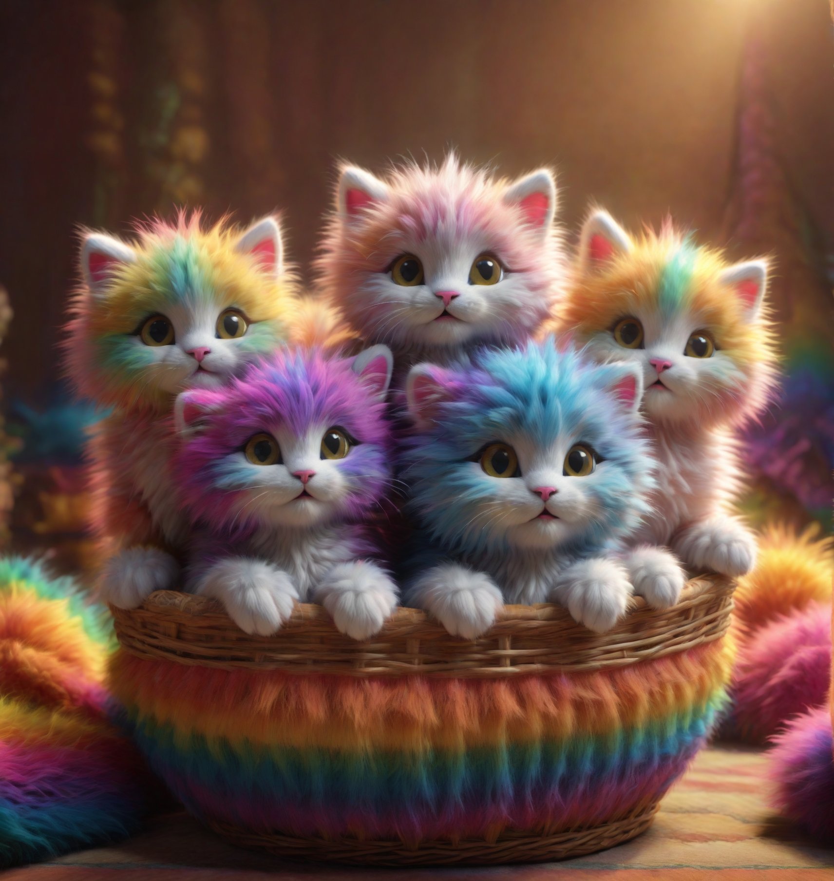 five kittens, all fluffy and of different colours patterens, stting inside a wicker cat basket that has a blanket inside it, the kittens are sotting looking up, they are so sweet and cute,realistic,Rainbow kitten ,Furry