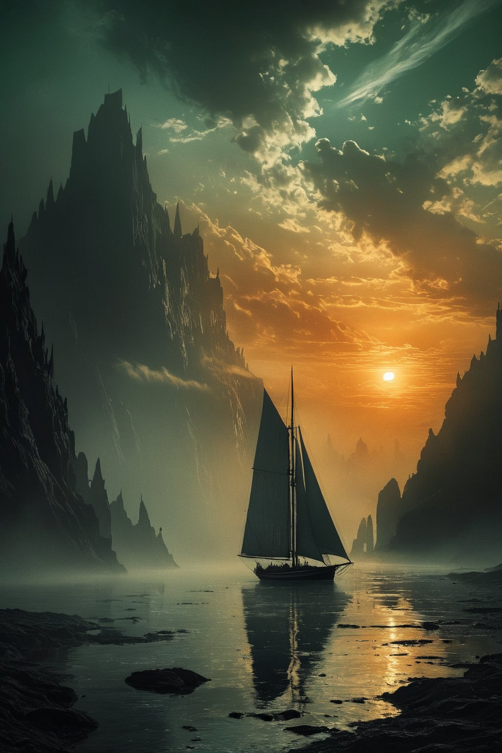 "Extreme close-up, surreal fantasy, chiaroscuro lighting, no frame, depict a mystical, ethereal ketch sailboat with elongated, delicate features and a soft, flowing design that seems to merge with the surrounding environment. The background should be a dreamy, fantastical seascape with swirling mists and soft, luminescent colors blending seamlessly. A landscape with an ominous, dense fog creating a misty, mysterious atmosphere at sunset. The scene features a vast landscape with a tiny, distant city skyline on the horizon. Grotesque, organic forms are present in the foreground, with abstract, unsettling elements. A tiny silhouetted figure stands in the distance, adding a sense of scale and isolation. The mood is enigmatic and awe-inspiring, evoking a sense of wonder and exploration. Intricate, raw textures and a highly muted, monochromatic color palette with subtle variations in shades of green, black, and vibrant colors from the spectacular sunset. Artistic style is highly detailed, with intricate patterns and textures on the sailboat and the surrounding elements. Proportions are slightly exaggerated to enhance the surreal quality, with a perspective that draws the viewer into the scene, focusing on the delicate interplay of light and shadow. Reflections and shadows are subtly incorporated to add depth and realism without detracting from the overall fantastical atmosphere. The overall mood is eerie, desolate, and haunting, evoking a deep sense of unease and contemplation. HDR, 8K resolution. The lighting is uniformly subdued and diffused, with rim lighting to highlight the edges of the subject, enhancing the fog and creating a soft, ethereal glow from the setting sun."