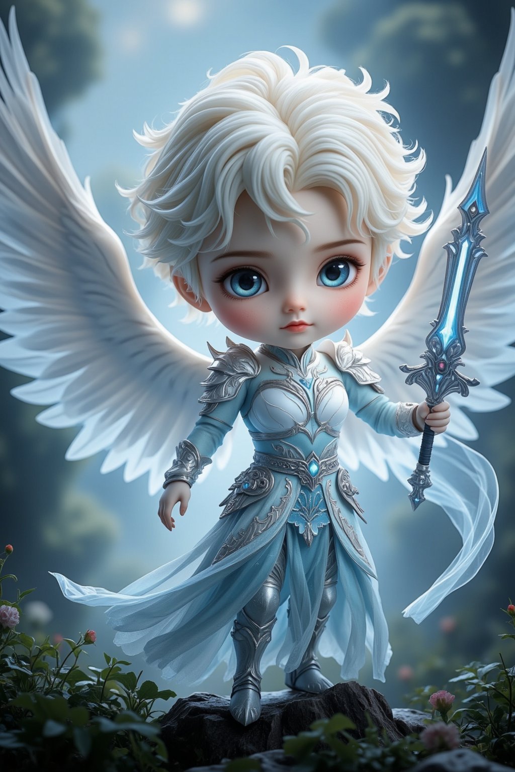 Masterpiece, best quality, stunning, extremely detailed CG unified 8k wallpaper, angel, chibi version, holding a Lance in his right hand, attack pose, standing on a haven garden, detailed background, 8k, 
,chibi, chibi version,Angelababy