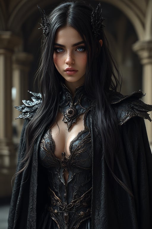 A hauntingly beautiful young woman stands facing the camera in a dramatic composition, her raven-black hair cascading down her back like a waterfall of night. Soft lighting highlights her facial features. Her Gothic-inspired tunic appears to shimmer with otherworldly energy, as if infused with dark magic. 