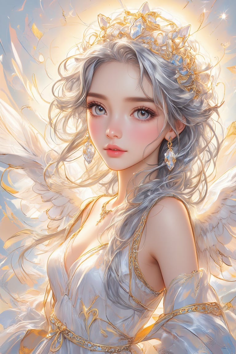 Masterpiece, Professional, Top Quality, High Resolution, High Detail, Perfect Detail,1 cute angel, super cute and beautiful, radiant, all gold angel outfit, silver long hair, , angel wings,  crown, crystal headwear, crystal necklace, earrings, 8k wallpaper, (masterpiece), (best quality), (ultra fine), dynamic angle, cute anime face and details, , sparkling,  super long hair, 