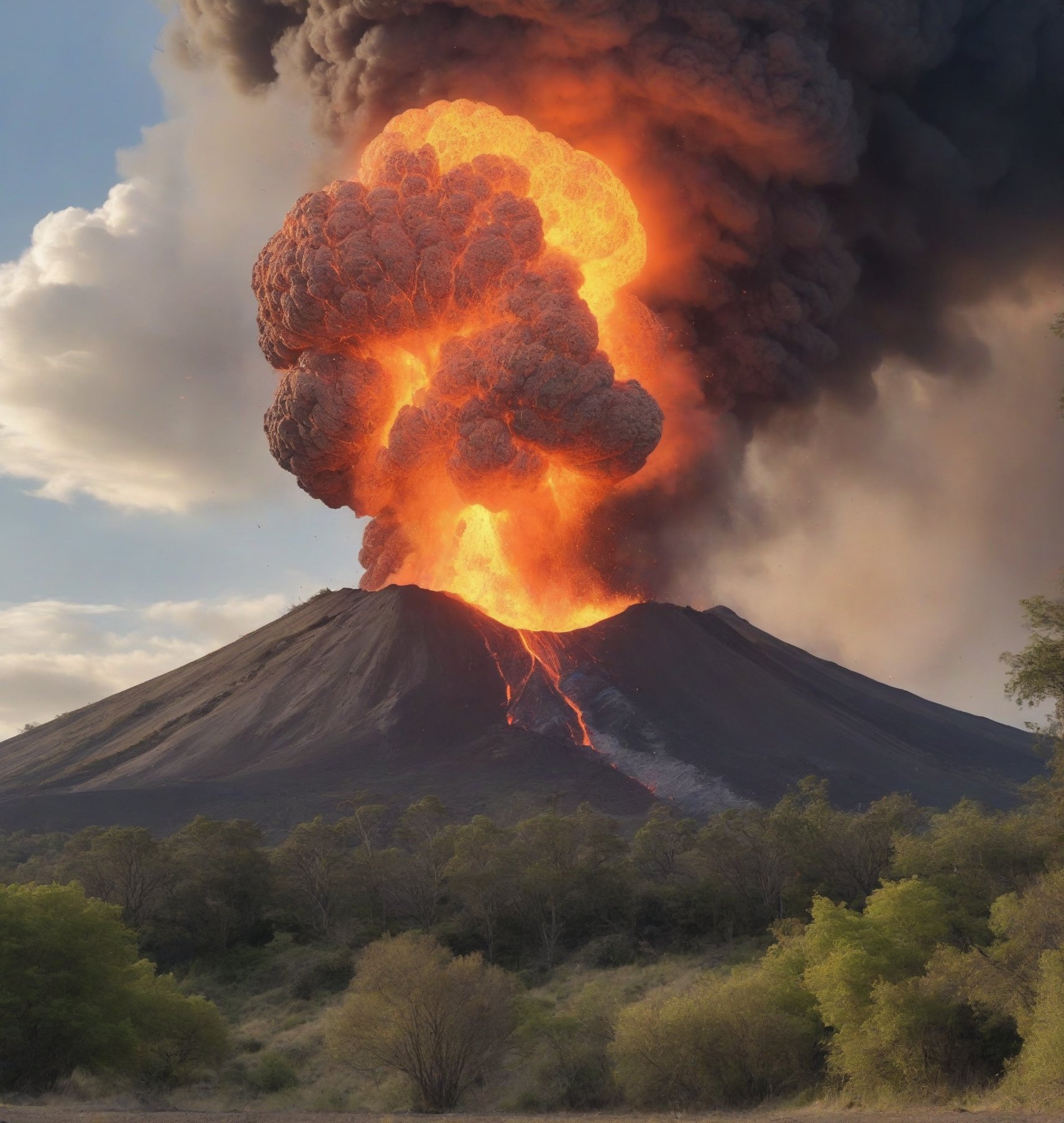 create a mountain covered in trees and grass with a exploding volcano, lava is running down the side of the mountain,Explosion Artstyle