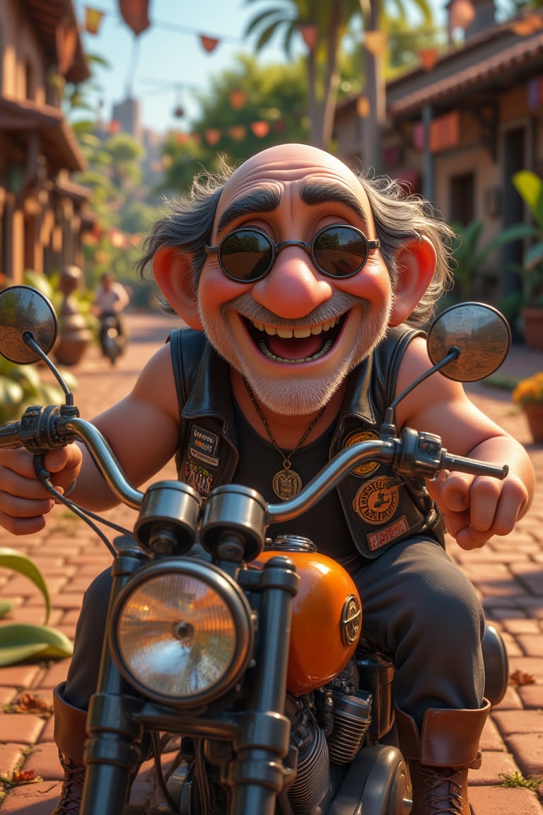 depict a chubby elderly bald  hippy man, with a goatee beard,  sitting proudly on his old Harley motorcycle. The man has a laid-back, carefree expression, with a broad smile that speaks of years of peace, love, and adventure. He wears round, tinted sunglasses that reflect the bright sun, giving him that classic hippy vibe. 

He’s dressed in a black tshirt and black sleeveless leather jacket , faded jeans, and worn leather boots that have clearly seen many miles. His Harley motorcycle, a vintage model, is detailed with classic features, including chrome accents, a slightly rusted frame, and a well-worn leather seat. The bike is adorned with stickers and patches from various music festivals and peace rallies, adding character to the scene.

The background could show a peaceful, open road with a hint of the countryside. The overall mood is one of nostalgia, freedom, and a deep connection to the hippy spirit of the '60s and '70s