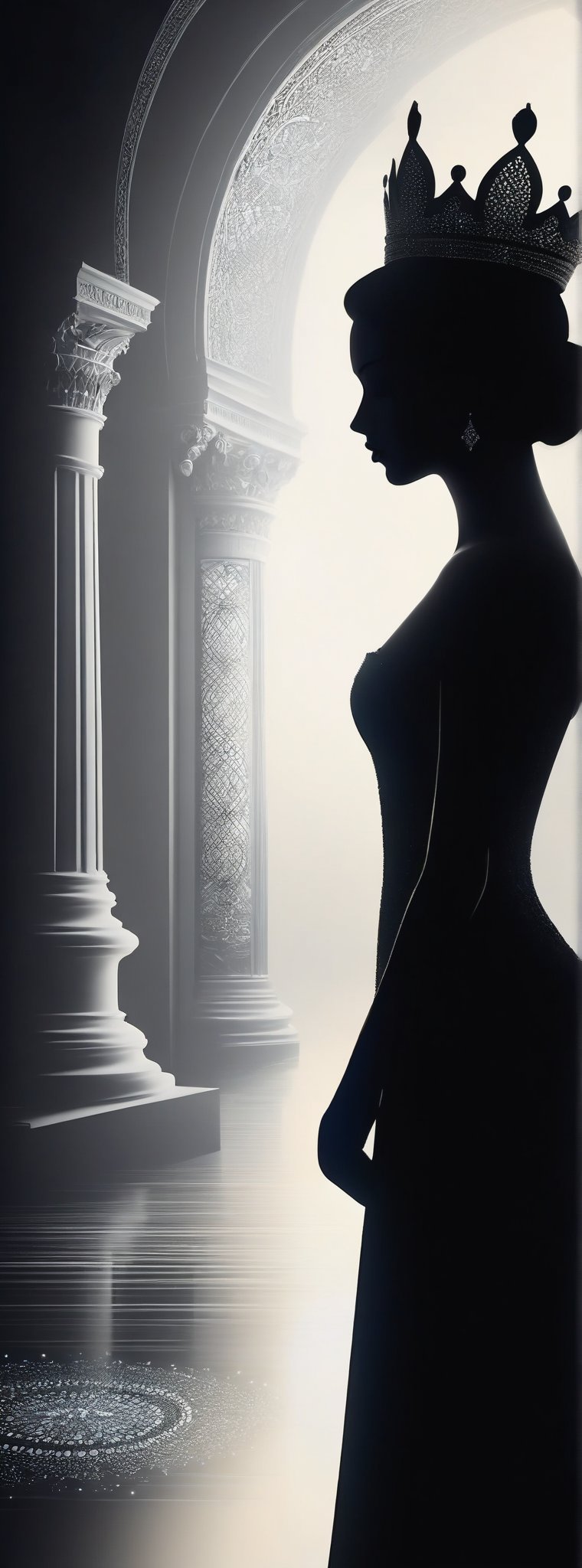 mysterious silhouette of  a  queen woman, beautiful. high defintion, highly detailed, serene, liseth Visser inspired art