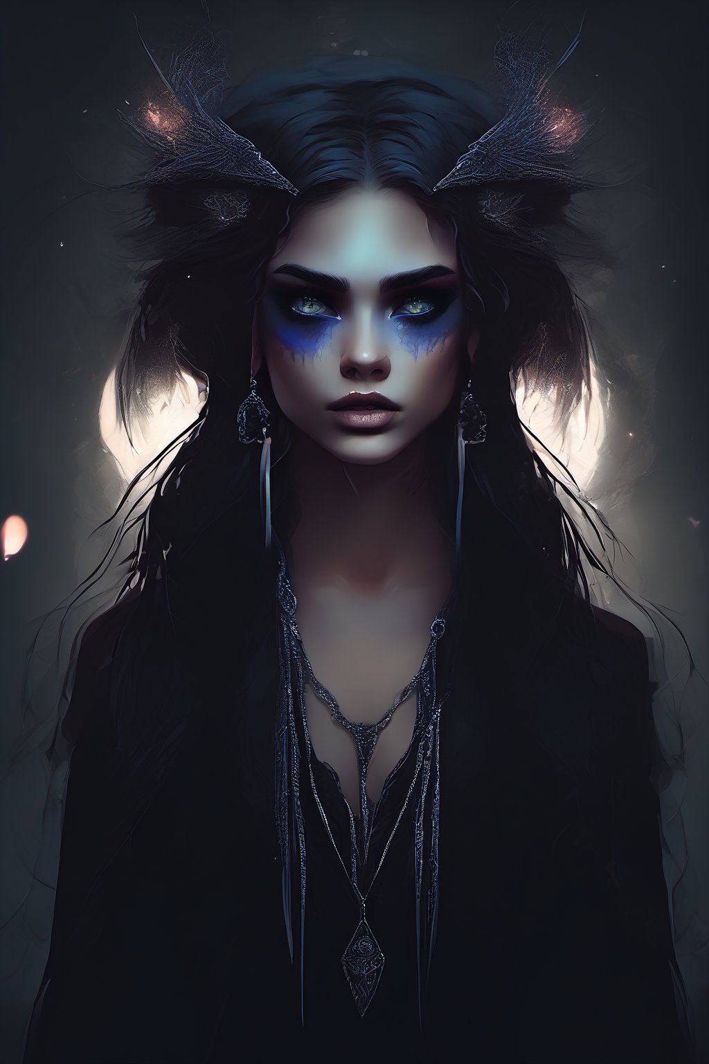 combine below to make a fantasy women,dark aura,dark boho, glowy eyes,dark atmosphere