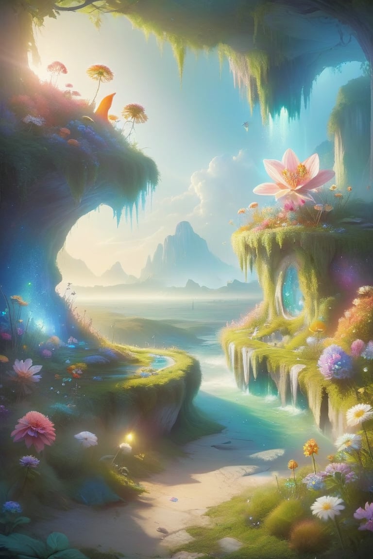 please create a magical whimsical garden with birght flowers and happiness around,DonMM4g1cXL,Flora,floatingisland