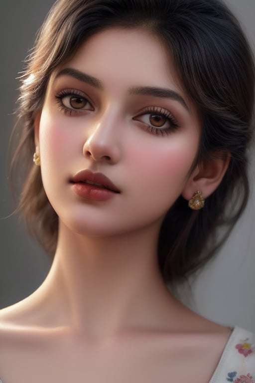 An oil painting in the style of John Singer Sargent and a print by Ivana Besevic, the lighting style of Rembrandt. A beautiful portrait of a 20-year-old Indian girl. A detailed, beautiful, girlish face. Narrow nose, beautiful, large eyes and full lips,1 girl 