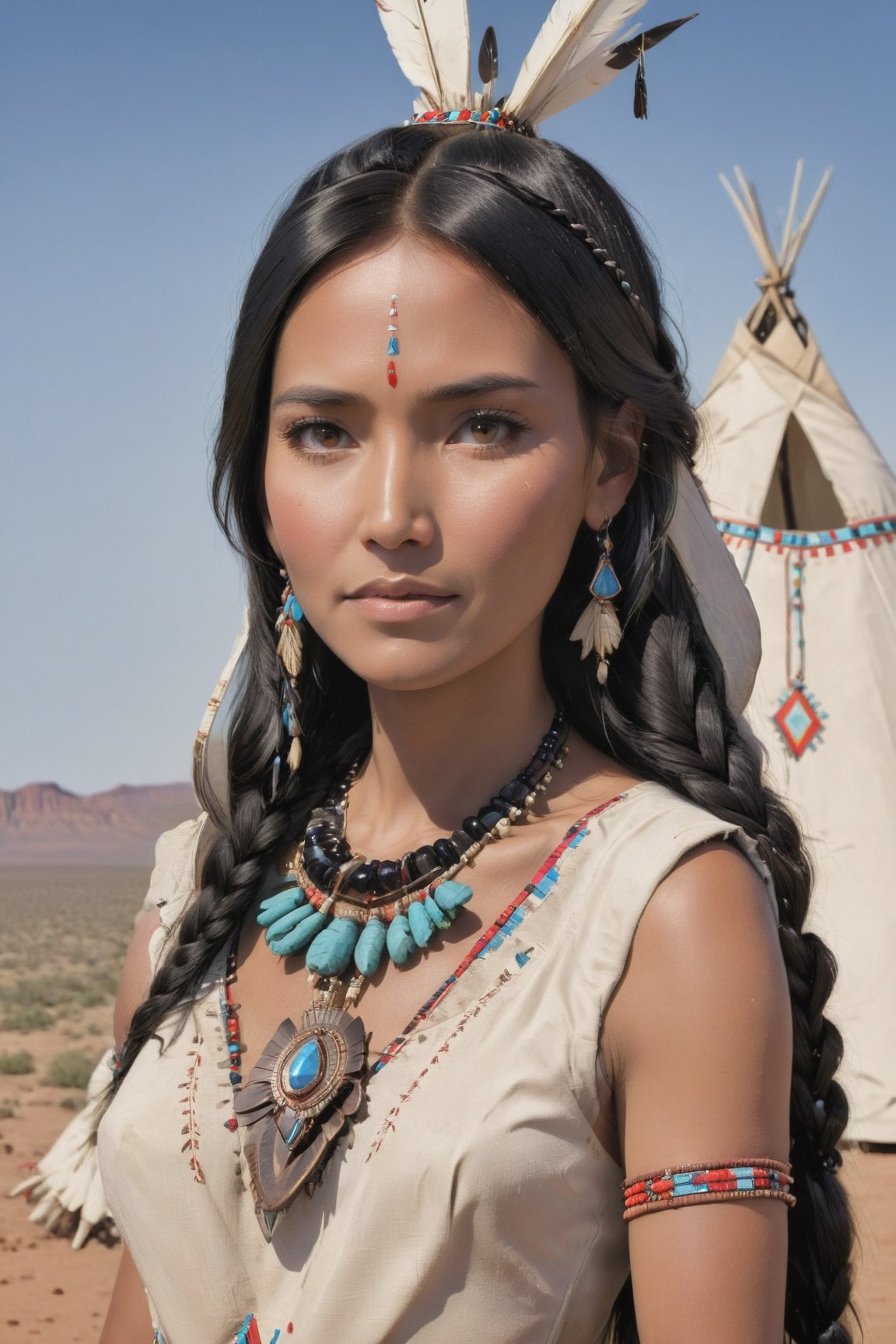 please create me an image an navajo indian teepee, the female elder is standing in her full traditonal dress and jewels, her long black hair is in a braid over her shoulder, a slight smile, Native American,Extremely Realistic