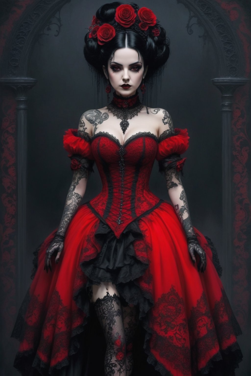 A gothic woman, clad in a vivid red lace dress that falls shortly above the knees, her black hair styled up into a bun, adorned with filigree and floral tattoos on her legs and arms.,goth person