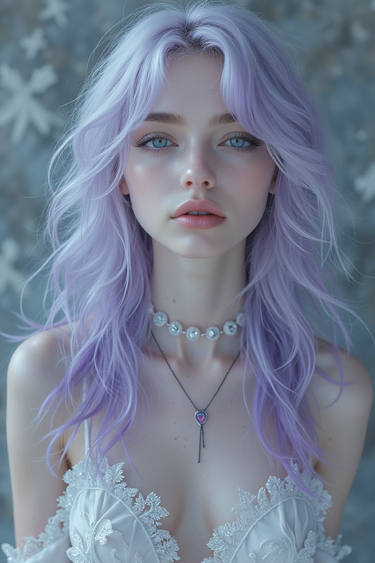 1 girl, albino goth girl, with y smokey eyes, lilac  hair, White eyebrows ,long single strap dress, wite sandals